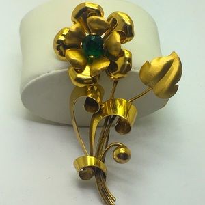 Vtg gold over sterling silver signed AT. Art deco flower leaf brooch pins.